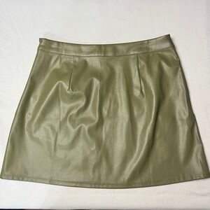 NWT A New Day Faux Leather Boho Mini‎ Skirt Olive Green A-Line Pockets Size 8